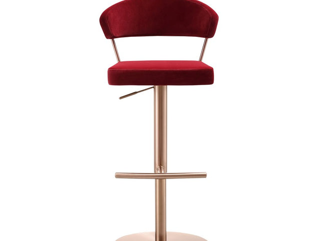 Red and Rose Gold Velvet and Steel Low Back Adjustable Height Swivel Bar Chair