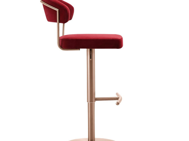 Red and Rose Gold Velvet and Steel Low Back Adjustable Height Swivel Bar Chair