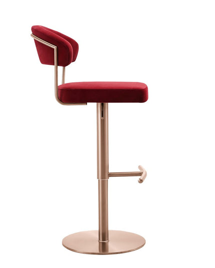 Red and Rose Gold Velvet and Steel Low Back Adjustable Height Swivel Bar Chair