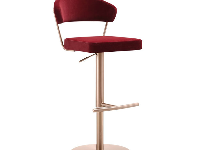 Red and Rose Gold Velvet and Steel Low Back Adjustable Height Swivel Bar Chair