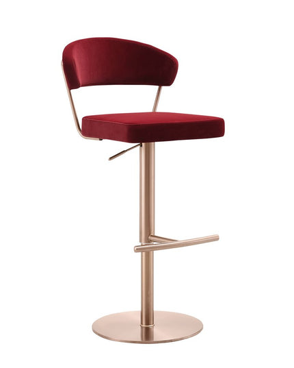 Red and Rose Gold Velvet and Steel Low Back Adjustable Height Swivel Bar Chair
