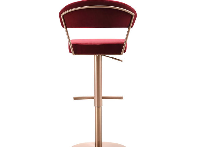 Red and Rose Gold Velvet and Steel Low Back Adjustable Height Swivel Bar Chair