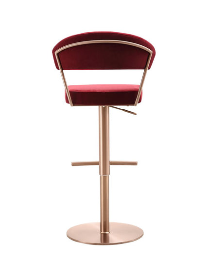 Red and Rose Gold Velvet and Steel Low Back Adjustable Height Swivel Bar Chair