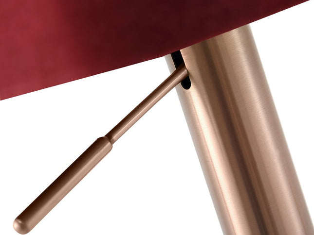 Red and Rose Gold Velvet and Steel Low Back Adjustable Height Swivel Bar Chair