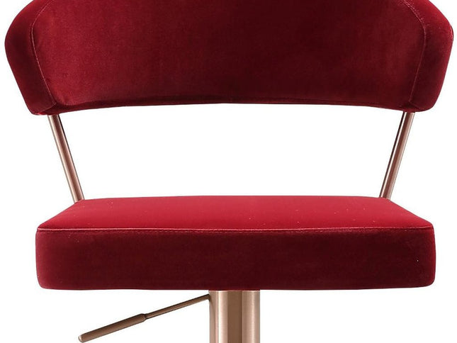 Red and Rose Gold Velvet and Steel Low Back Adjustable Height Swivel Bar Chair