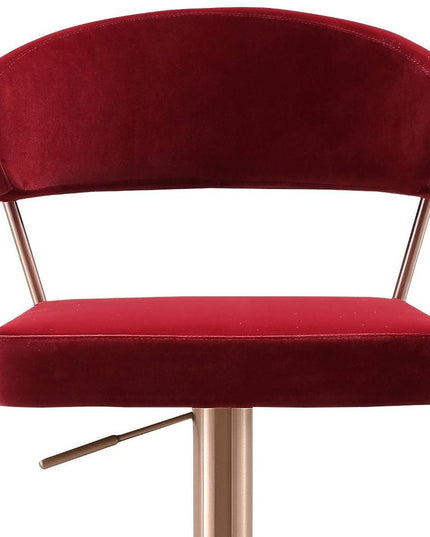 Red and Rose Gold Velvet and Steel Low Back Adjustable Height Swivel Bar Chair