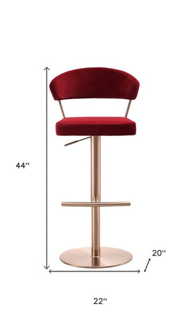 Red and Rose Gold Velvet and Steel Low Back Adjustable Height Swivel Bar Chair