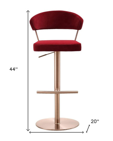 Red and Rose Gold Velvet and Steel Low Back Adjustable Height Swivel Bar Chair