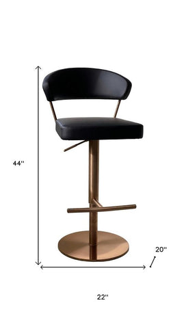 Black and Rose Gold Faux Leather and Steel Low Back Adjustable Height Swivel Bar Chair