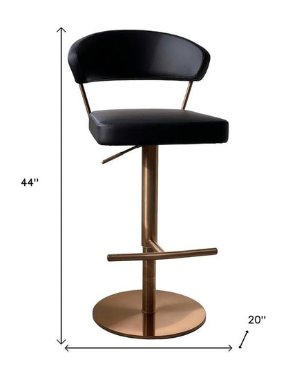 Black and Rose Gold Faux Leather and Steel Low Back Adjustable Height Swivel Bar Chair