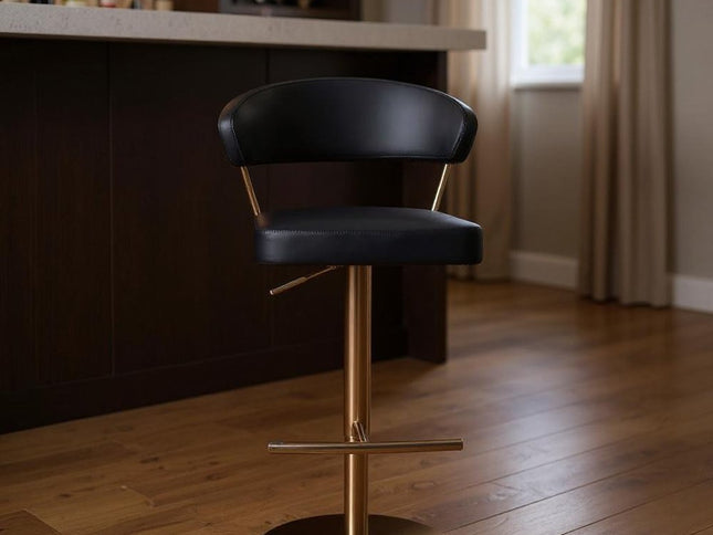 Black and Rose Gold Faux Leather and Steel Low Back Adjustable Height Swivel Bar Chair