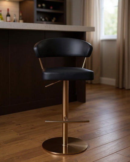 Black and Rose Gold Faux Leather and Steel Low Back Adjustable Height Swivel Bar Chair