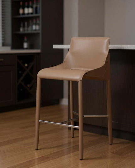 29" Gray Faux Leather Metal and Wood Low Back Bar Height Bar Chair