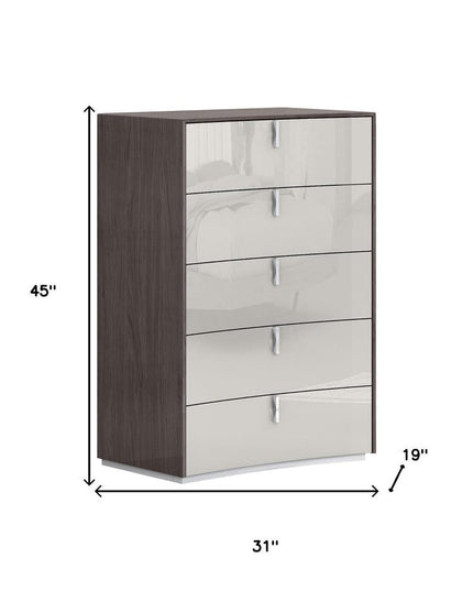 31" Brown And Beige Wood Five Drawer Gentlemens Chest