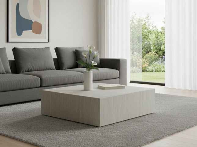 35" Beige Genuine Marble and Marble Square Wheel Coffee Table