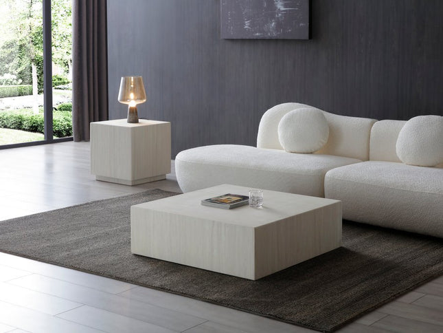 35" Beige Genuine Marble and Marble Square Wheel Coffee Table