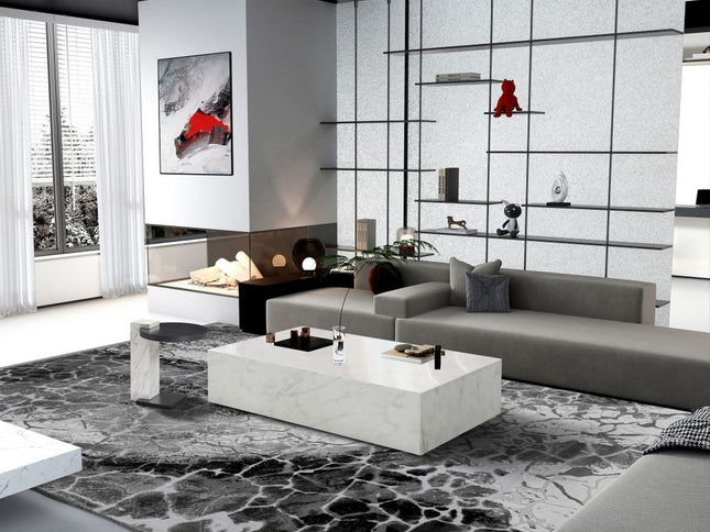 55" White Genuine Marble and Marble Wheel Coffee Table