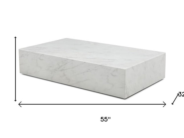 55" White Genuine Marble and Marble Wheel Coffee Table