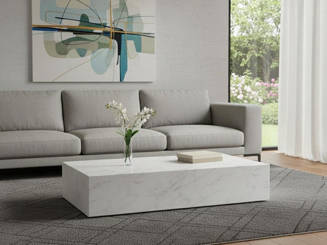 55" White Genuine Marble and Marble Wheel Coffee Table