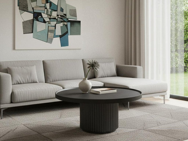 32" Dark Gray Solid Wood and Wood Round Pedestal Coffee Table