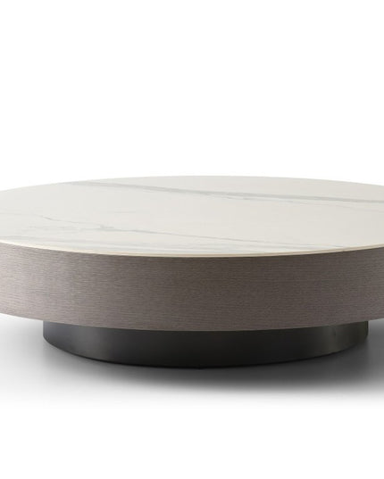 41" White and Gray Ceramic Tile and Wood Round Pedestal Coffee Table