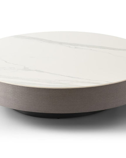 41" White and Gray Ceramic Tile and Wood Round Pedestal Coffee Table