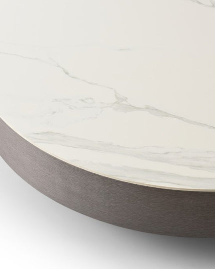 41" White and Gray Ceramic Tile and Wood Round Pedestal Coffee Table