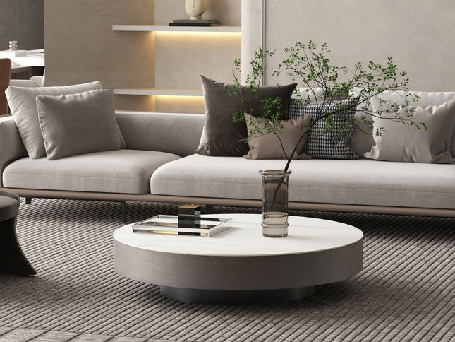 41" Gray Ceramic Tile and Solid Wood Round Pedestal Coffee Table