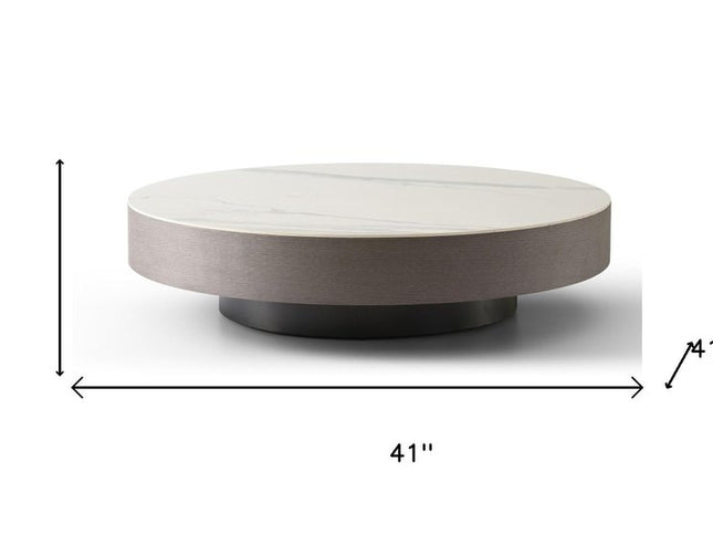 41" Gray Ceramic Tile and Solid Wood Round Pedestal Coffee Table