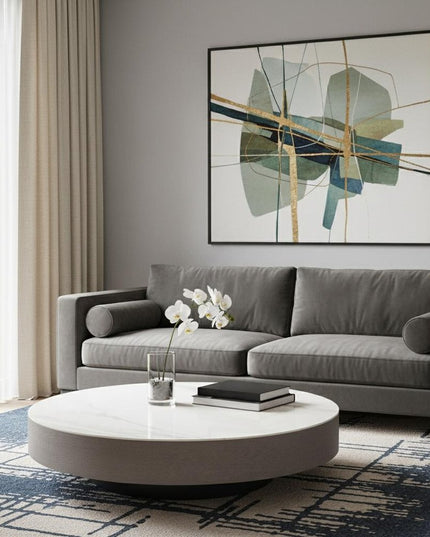 41" Gray Ceramic Tile and Solid Wood Round Pedestal Coffee Table