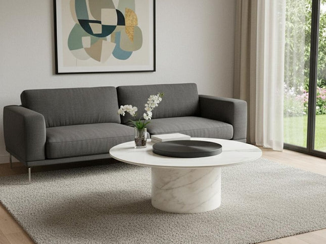 39" White Ceramic Tile and Wood Round Pedestal Coffee Table