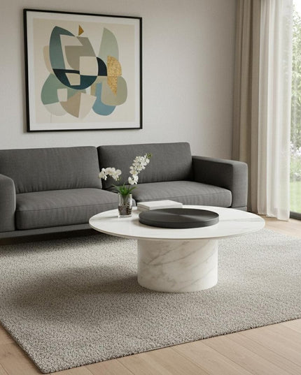 39" White Ceramic Tile and Wood Round Pedestal Coffee Table