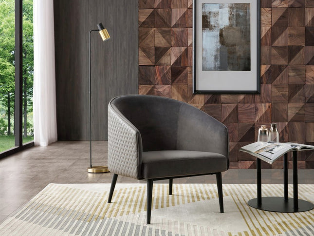 27" Gray Tufted Velvet And Faux Leather and Metal Lounge Chair