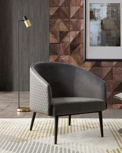 27" Gray Tufted Velvet And Faux Leather and Metal Lounge Chair