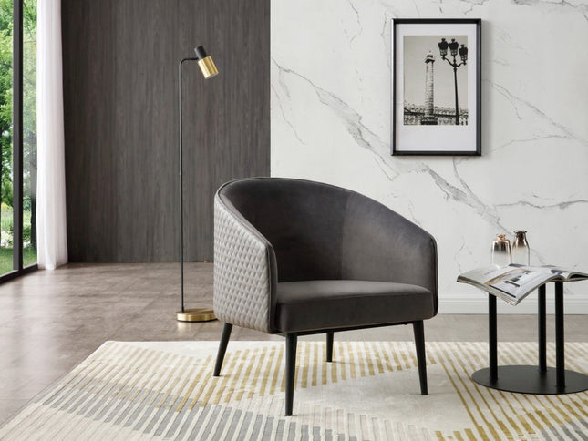 27" Gray Tufted Velvet And Faux Leather and Metal Lounge Chair