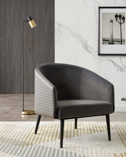 27" Gray Tufted Velvet And Faux Leather and Metal Lounge Chair