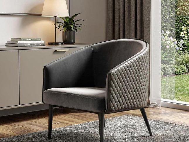 27" Gray Tufted Velvet And Faux Leather and Metal Lounge Chair