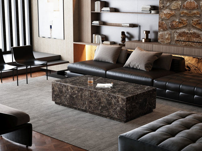 55" Brown Genuine Marble and Marble Pedestal Coffee Table