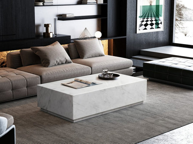 55" White Genuine Marble and Marble Pedestal Coffee Table