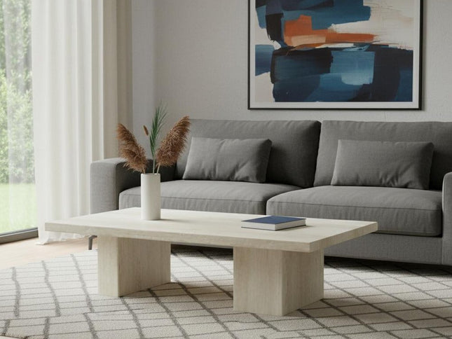 55" Beige Genuine Marble and Marble Double Pedestal Coffee Table