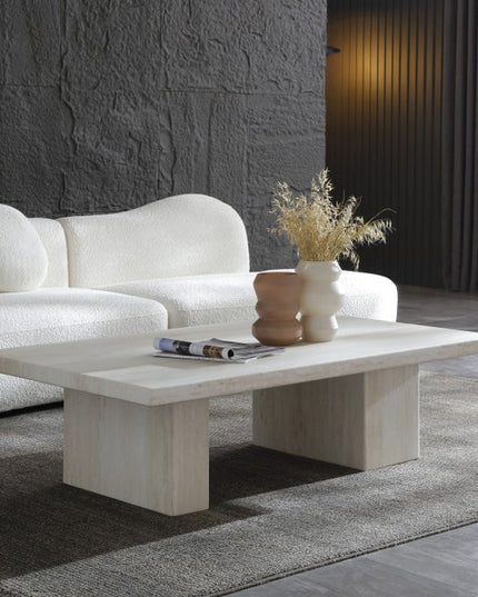 55" Beige Genuine Marble and Marble Double Pedestal Coffee Table