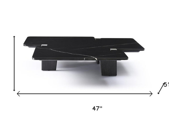 47" Black Genuine Marble and Solid Wood Free Form Coffee Table