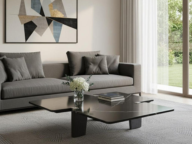 47" Black Genuine Marble and Solid Wood Free Form Coffee Table