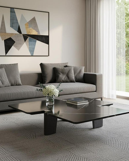 47" Black Genuine Marble and Solid Wood Free Form Coffee Table