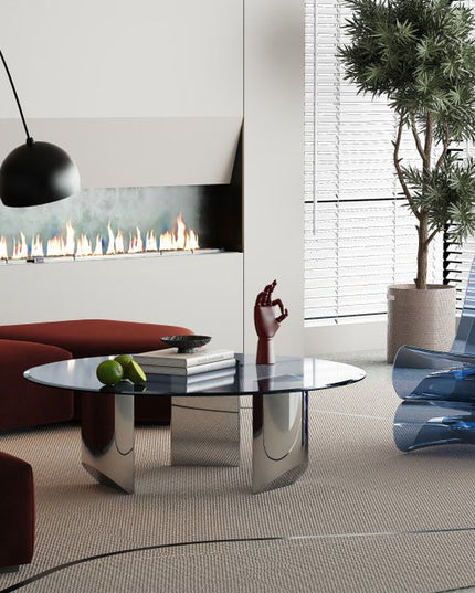 49" Black and Silver Mirrored Glass and Stainless Steel Round Coffee Table