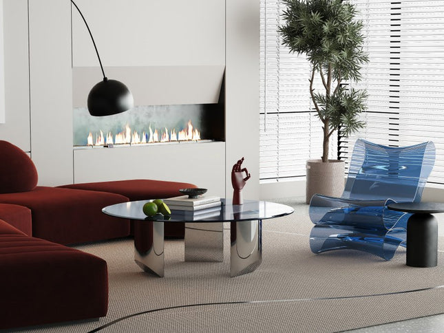 49" Black and Silver Glass and Stainless Steel Round Coffee Table