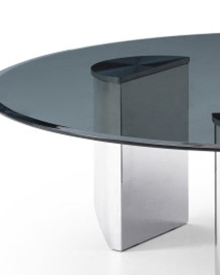 49" Black and Silver Mirrored Glass and Stainless Steel Round Coffee Table