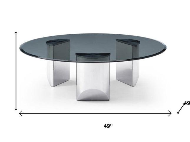 49" Black and Silver Glass and Stainless Steel Round Coffee Table