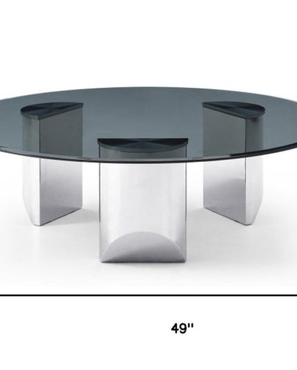 49" Black and Silver Glass and Stainless Steel Round Coffee Table