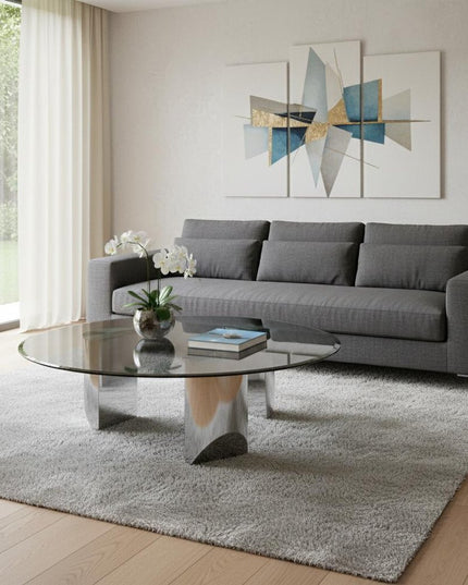 49" Black and Silver Mirrored Glass and Stainless Steel Round Coffee Table